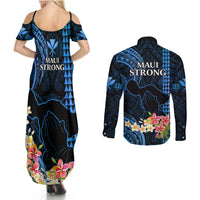 Hawaii Couples Matching Summer Maxi Dress and Long Sleeve Button Shirts Pray For Maui Hawaiian Plumeria Be Strong Blue Verison - Wonder Print Shop