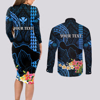 Personalised Hawaii Couples Matching Long Sleeve Bodycon Dress and Long Sleeve Button Shirts Pray For Maui Hawaiian Plumeria Be Strong Blue Verison - Wonder Print Shop