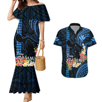 Personalised Hawaii Couples Matching Mermaid Dress and Hawaiian Shirt Pray For Maui Hawaiian Plumeria Be Strong Blue Verison - Wonder Print Shop