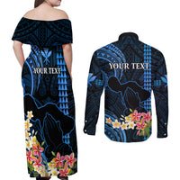 Personalised Hawaii Couples Matching Off Shoulder Maxi Dress and Long Sleeve Button Shirts Pray For Maui Hawaiian Plumeria Be Strong Blue Verison - Wonder Print Shop