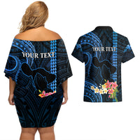 Personalised Hawaii Couples Matching Off Shoulder Short Dress and Hawaiian Shirt Pray For Maui Hawaiian Plumeria Be Strong Blue Verison - Wonder Print Shop