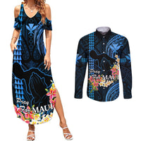 Personalised Hawaii Couples Matching Summer Maxi Dress and Long Sleeve Button Shirts Pray For Maui Hawaiian Plumeria Be Strong Blue Verison - Wonder Print Shop