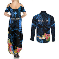 Personalised Hawaii Couples Matching Summer Maxi Dress and Long Sleeve Button Shirts Pray For Maui Hawaiian Plumeria Be Strong Blue Verison - Wonder Print Shop