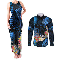 Personalised Hawaii Couples Matching Tank Maxi Dress and Long Sleeve Button Shirts Pray For Maui Hawaiian Plumeria Be Strong Blue Verison - Wonder Print Shop