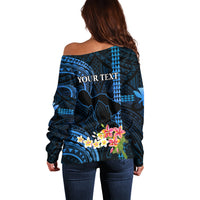 Personalised Hawaii Off Shoulder Sweater Pray For Maui Hawaiian Plumeria Be Strong Blue Verison - Wonder Print Shop