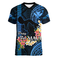 Personalised Hawaii Women V Neck T Shirt Pray For Maui Hawaiian Plumeria Be Strong Blue Verison - Wonder Print Shop