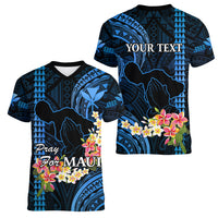 Personalised Hawaii Women V Neck T Shirt Pray For Maui Hawaiian Plumeria Be Strong Blue Verison - Wonder Print Shop