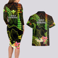 Hawaii Couples Matching Long Sleeve Bodycon Dress and Hawaiian Shirt Pray For Maui Hawaiian Plumeria Be Strong Reggae Verison - Wonder Print Shop