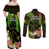 Hawaii Couples Matching Off Shoulder Maxi Dress and Long Sleeve Button Shirts Pray For Maui Hawaiian Plumeria Be Strong Reggae Verison - Wonder Print Shop
