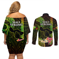 Hawaii Couples Matching Off Shoulder Short Dress and Long Sleeve Button Shirts Pray For Maui Hawaiian Plumeria Be Strong Reggae Verison - Wonder Print Shop