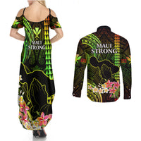 Hawaii Couples Matching Summer Maxi Dress and Long Sleeve Button Shirts Pray For Maui Hawaiian Plumeria Be Strong Reggae Verison - Wonder Print Shop