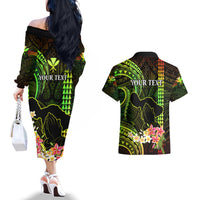 Personalised Hawaii Couples Matching Off The Shoulder Long Sleeve Dress and Hawaiian Shirt Pray For Maui Hawaiian Plumeria Be Strong Reggae Verison - Wonder Print Shop