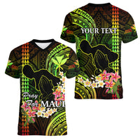 Personalised Hawaii Women V Neck T Shirt Pray For Maui Hawaiian Plumeria Be Strong Reggae Verison - Wonder Print Shop