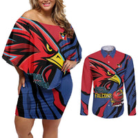 Antigua and Barbuda Cricket Custom Couples Matching Off Shoulder Short Dress and Long Sleeve Button Shirt Go Champions Falcons - Wonder Print Shop