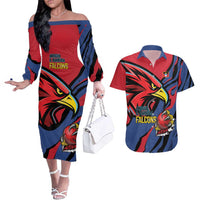 Antigua and Barbuda Cricket Custom Couples Matching Off The Shoulder Long Sleeve Dress and Hawaiian Shirt Go Champions Falcons - Wonder Print Shop