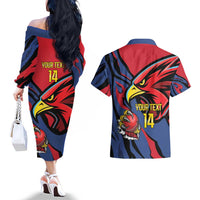 Antigua and Barbuda Cricket Custom Couples Matching Off The Shoulder Long Sleeve Dress and Hawaiian Shirt Go Champions Falcons - Wonder Print Shop