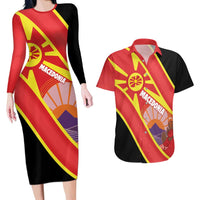Personalised Macedonia National Day Couples Matching Long Sleeve Bodycon Dress and Hawaiian Shirt New Sun of Liberty Waves Style - Wonder Print Shop