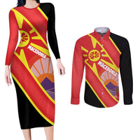 Personalised Macedonia National Day Couples Matching Long Sleeve Bodycon Dress and Long Sleeve Button Shirt New Sun of Liberty Waves Style - Wonder Print Shop