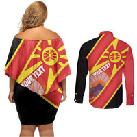Personalised Macedonia National Day Couples Matching Off Shoulder Short Dress and Long Sleeve Button Shirt New Sun of Liberty Waves Style - Wonder Print Shop
