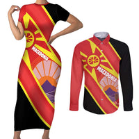 Personalised Macedonia National Day Couples Matching Short Sleeve Bodycon Dress and Long Sleeve Button Shirt New Sun of Liberty Waves Style - Wonder Print Shop