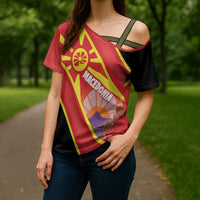 Personalised Macedonia National Day Cross Shoulder Shirt New Sun of Liberty Waves Style - Wonder Print Shop