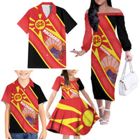 Personalised Macedonia National Day Family Matching Off The Shoulder Long Sleeve Dress and Hawaiian Shirt New Sun of Liberty Waves Style - Wonder Print Shop