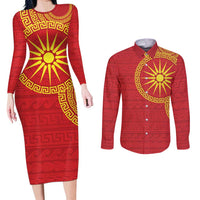 Vergina Sun Macedonia Couples Matching Long Sleeve Bodycon Dress and Long Sleeve Button Shirt Greek Pattern Red - Wonder Print Shop