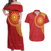 Vergina Sun Macedonia Couples Matching Off Shoulder Maxi Dress and Hawaiian Shirt Greek Pattern Red - Wonder Print Shop