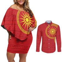 Vergina Sun Macedonia Couples Matching Off Shoulder Short Dress and Long Sleeve Button Shirt Greek Pattern Red - Wonder Print Shop