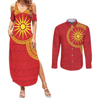 Vergina Sun Macedonia Couples Matching Summer Maxi Dress and Long Sleeve Button Shirt Greek Pattern Red - Wonder Print Shop