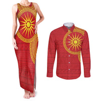 Vergina Sun Macedonia Couples Matching Tank Maxi Dress and Long Sleeve Button Shirt Greek Pattern Red - Wonder Print Shop