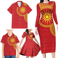 Vergina Sun Macedonia Family Matching Long Sleeve Bodycon Dress and Hawaiian Shirt Greek Pattern Red - Wonder Print Shop