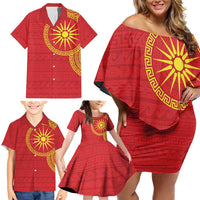 Vergina Sun Macedonia Family Matching Off Shoulder Short Dress and Hawaiian Shirt Greek Pattern Red - Wonder Print Shop
