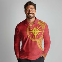 Vergina Sun Macedonia Long Sleeve Polo Shirt Greek Pattern Red - Wonder Print Shop
