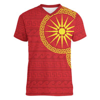 Vergina Sun Macedonia Women V-Neck T-Shirt Greek Pattern Red - Wonder Print Shop
