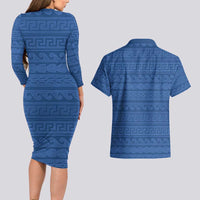 Vergina Sun Macedonia Couples Matching Long Sleeve Bodycon Dress and Hawaiian Shirt Greek Pattern Blue - Wonder Print Shop