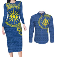 Vergina Sun Macedonia Couples Matching Long Sleeve Bodycon Dress and Long Sleeve Button Shirt Greek Pattern Blue - Wonder Print Shop
