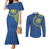 Vergina Sun Macedonia Couples Matching Mermaid Dress and Long Sleeve Button Shirt Greek Pattern Blue - Wonder Print Shop