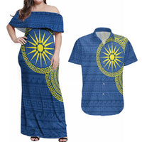 Vergina Sun Macedonia Couples Matching Off Shoulder Maxi Dress and Hawaiian Shirt Greek Pattern Blue - Wonder Print Shop