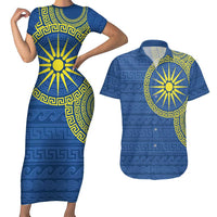 Vergina Sun Macedonia Couples Matching Short Sleeve Bodycon Dress and Hawaiian Shirt Greek Pattern Blue - Wonder Print Shop