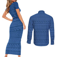 Vergina Sun Macedonia Couples Matching Short Sleeve Bodycon Dress and Long Sleeve Button Shirt Greek Pattern Blue - Wonder Print Shop