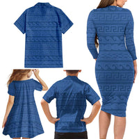 Vergina Sun Macedonia Family Matching Long Sleeve Bodycon Dress and Hawaiian Shirt Greek Pattern Blue - Wonder Print Shop