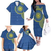 Vergina Sun Macedonia Family Matching Off The Shoulder Long Sleeve Dress and Hawaiian Shirt Greek Pattern Blue - Wonder Print Shop
