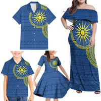 Vergina Sun Macedonia Family Matching Off Shoulder Maxi Dress and Hawaiian Shirt Greek Pattern Blue - Wonder Print Shop