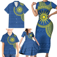 Vergina Sun Macedonia Family Matching Short Sleeve Bodycon Dress and Hawaiian Shirt Greek Pattern Blue - Wonder Print Shop