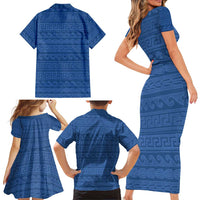Vergina Sun Macedonia Family Matching Short Sleeve Bodycon Dress and Hawaiian Shirt Greek Pattern Blue - Wonder Print Shop