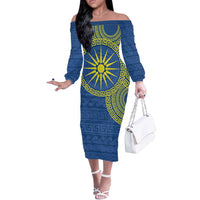 Vergina Sun Macedonia Off The Shoulder Long Sleeve Dress Greek Pattern Blue - Wonder Print Shop