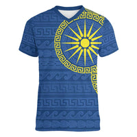 Vergina Sun Macedonia Women V-Neck T-Shirt Greek Pattern Blue - Wonder Print Shop