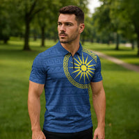 Vergina Sun Macedonia Zipper Polo Shirt Greek Pattern Blue - Wonder Print Shop