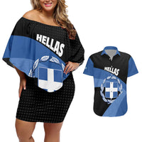 Personalised Greece Hellas Couples Matching Off Shoulder Short Dress and Hawaiian Shirt Coat Of Arms - Wonder Print Shop